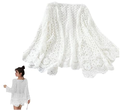 NIDONE Sommer -Strickjacke, weiße Häkelkrotzjaggan Sonnenschutz Weiche Baumwolle Langarm Hohlhöre Häkeln Sommer -Strickjacken für Frauen Leichtgewicht