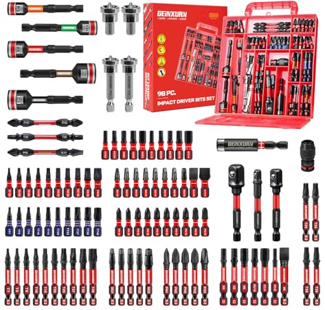 Geinxurn 98Pieces 1”/2” Impact Screwdriver Bits Set, Magnetic S2 Steel (Phillips/Slotted/Square/Torx/Hex/Security Torx) Driver Bits Tips,Impact Bit Holder and Nut Driver with Red Storage Box Case
