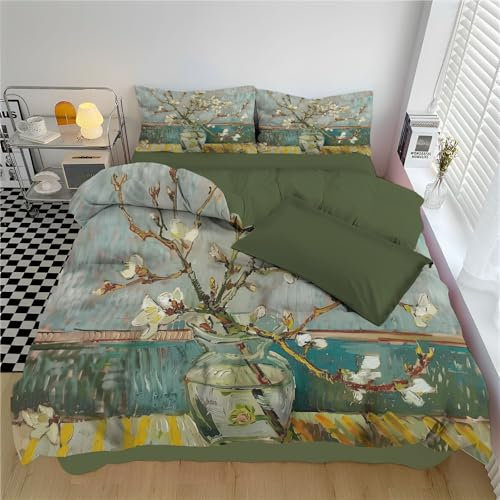 MULERN Duvet Cover Set Super King, 3 Piece Apricot Tree Branch Vase Print Bedding Set, Oil Painting Print Duvet Covers, Reversible Soft Gray Green Quilt Cover with 2 Pillowcases, for Bed (220x260cm