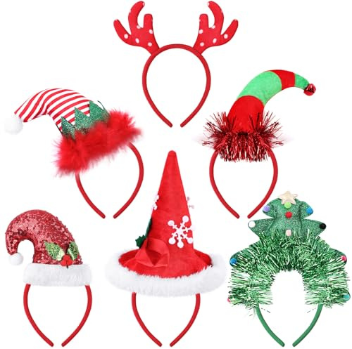 KONVINIT Weihnachts Haarreif - 6 Stück Weihnachtshaarreifen Festliche Haarschmuck Lustig Haaraccessoires mit Nikolaus, Rentier Motiven, Weihnachtsparty Zubehör