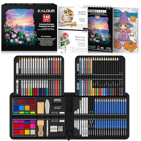 KALOUR Kit da disegno da 140 pezzi, materiale artistico con album da disegno a 3 colori e carta da colorare, include tutorial, colorato, grafite, carbone, acquerelli e matite metalliche, per artisti