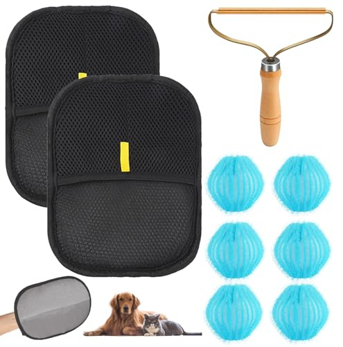 Juego de 13 guantes para eliminar el pelo de animales, eficaz removedor de pelo para perros y gatos, eliminar el pelo de la ropa, muebles y ropa, incluye 2 guantes, 1 peine, 6 bolas de lavandería