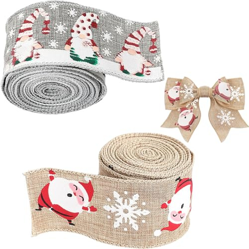 Weihnachten Juteband mit Draht, 4,8CM Breit Geschenkband zum Basteln, 2M Sackleinen Band mit Kariertes, Weihnacht Dekoband Verdrahtet für Geschenk, Kranz, Weihnachtsbaum