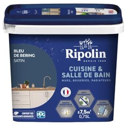 RIPOLIN Peinture Intérieure Cuisine et Bain Satin Bleu de Bering 0,75 L | Peinture Spécialement Conçue pour les Pièces Humides, Technologie 'effet Perlant', Grande Résistance aux Graisses