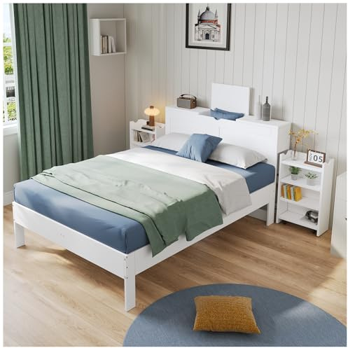 Wyibwy Doppelbett 140 x 200 cm, ausgestattet mit 2 ausziehbaren Nachttischen, Stauraum im Kopfteil, Holzbett, Einzelbett, geeignet für Erwachsene und Jugendliche, weiß