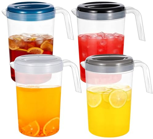 4 Pcs 4L Plastic Pitcher with Lid, Shatterproof Plastic Water Jug Set, Long-Lasting PP Cold Water Carafe with Handle and Spout, Multicolored Drink Pitchers for Fridge