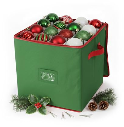 Relaxdays julgranskula förvaringsbox, 64 kulor, HxBxD: 33 x 33 x 33 cm, polyester, kartong, kullåda, grön/röd