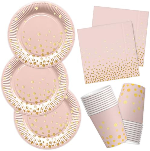 HNH Lot de 52 Assiettes en papier Rose avec feuille d'or avec Serviettes et Gobelets en papier jetable Vaisselle de fête