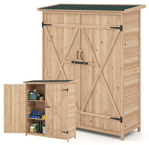 RELAX4LIFE Abri de Jardin en Bois 127x47x163cm, Cabane de Jardin avec Toit en Asphalte Incliné, Etagères Amovibles, Double Porte Verrouillable pour Extérieur Arrière-Cour Patio Pelouse