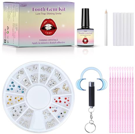 PHYNDR 1 Set Kit Brillantini per Denti Fai da Te,brillantini denti,Set Gioielli Dentali Con 120 pcs Tooth Gems,Colla per Dente Gemma
