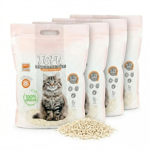 Tofu - Arena para Gatos de 24 Libras (Paquete de 4 Bolsas), Arena aglutinante sin Polvo, Control de olores de 26 Horas, Biodegradable y desechable