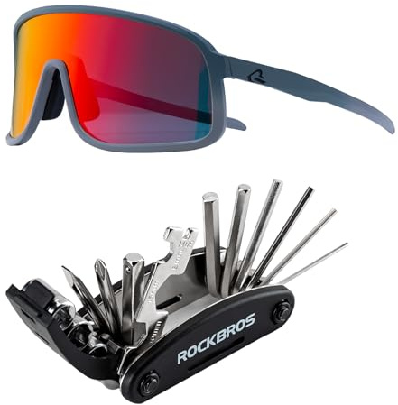 ROCKBROS Fahrrad Multitool 16-in-1 + Polarisierter Fahrradbrille, UV400 Schutz, Kompakt und Leicht, Faltbares Reparaturset aus Stahl, TR90 Sportbrille für Damen und Herren MTB Radfahren