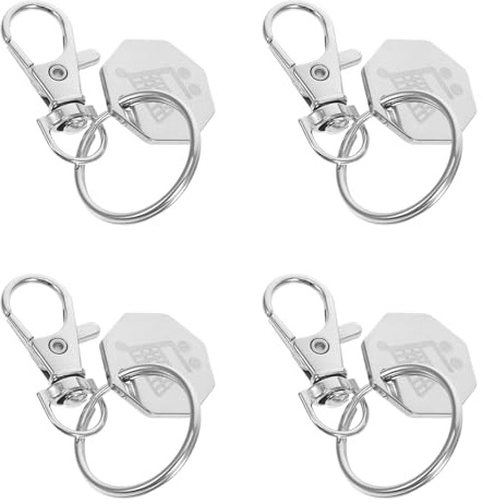 OHPHCALL 4pcs Stainless Steel Shopping Cart Keyring Trolley Coin Holder Portable Mini Keychain for Grocery Shopping with Quarter Tokens