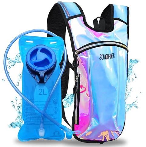 SOJOURNER Hydration Pack Backpack - 2L Water Bladder Included for Festivals, Raves, Hiking, Biking, Climbing, Running and More (Iridescent - Blue)
