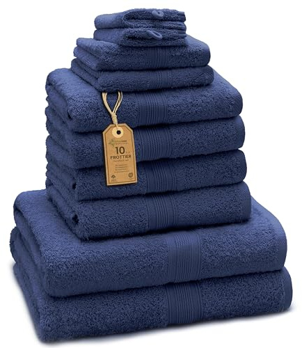 Green Mark Lot de 10 Serviettes 100% Coton – 4 de Main 50×100, 2 de Douche 70×140, 2 d’invités 30×50 et 2 Gants de Bain - Bleu Marine