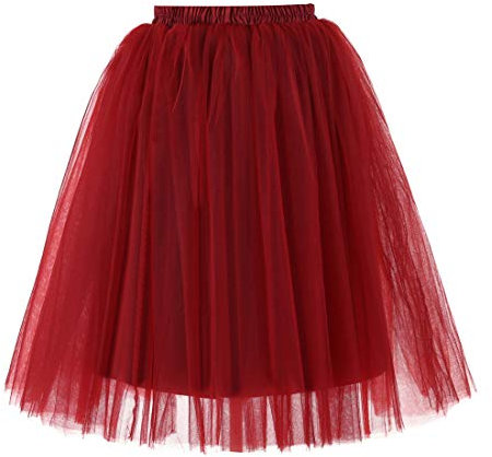 Damen Vintage Tüll Knielang Petticoat Unterrock Reifrock für Hochzeit Brautkleid Retro Prinzessin Tutu Rock Tüllrock Faltenrock mit zu Party Fest (Rotwein)