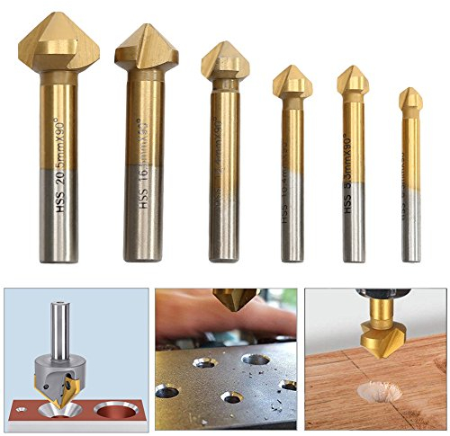90°Gradi HSS Countersink drill Svasatori Punte da Trapano Placcatura in Titanio Set di 6 pezzi di 6.3mm 8.3mm 10.4mm 12.4mm 16.5mm 20.5mm per Legno Metallo Alluminio Drill Bits Titanio Rivestito