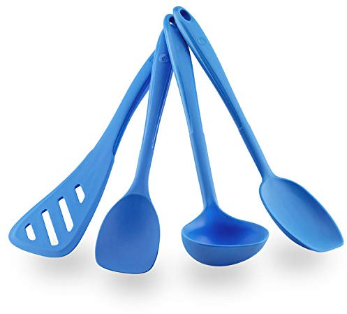 Kochblume Küchenhelfer-Set - Design-Schlitzwender L & Soßenlöffel L & Schöpfkelle L & Flexlöffel L 4er Set | Premium-Silikon | Hitzbeständig | Spülmaschinenfest | Farbe: blau