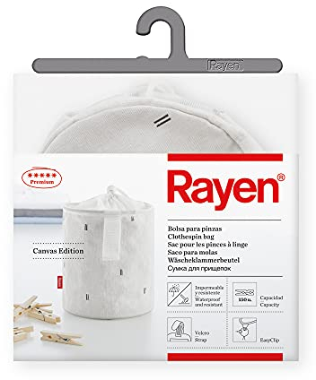 Rayen | Bolsa para Pinzas | Impermeable y Resistente | Gama Premium | Capacidad para 150 Pinzas de la Ropa | Cuenta con una Cuerda y Velcro para asegurar el Cierre | Dimensiones 18 x 15 cm