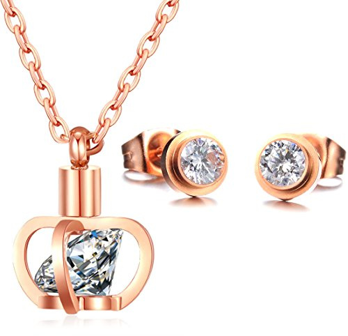 Kim Johanson Edelstahl Damen Schmuckset *Crown* Krone Halskette mit Anhänger & Ohrringe in Roségold mit Zirkonia Steinchen besetzt inkl. Schmuckbeutel