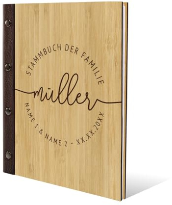 Stammbuch Bambus Cover Gravur individuell mit Echtleder Rücken und Extras A5 hoch 175x220mm - Lebenslinie