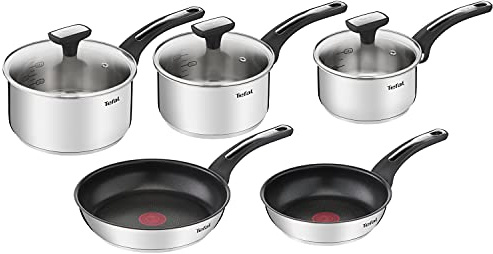 Tefal Emotion - Batería de cocina (5 piezas, sartenes de 20/24 cm, sartenes de 16/18/20 cm, acero inoxidable, 10 años, base de difusión del calor, diseño elegante, asas resistentes, inducción E300S544