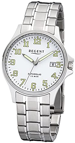 REGENT Herrenuhr mit Edelstahlgehäuse 36 MM Durchmesser 10 ATM Quarz Saphirglas Arabische Zahlen Datum (Weiß/Metallband)