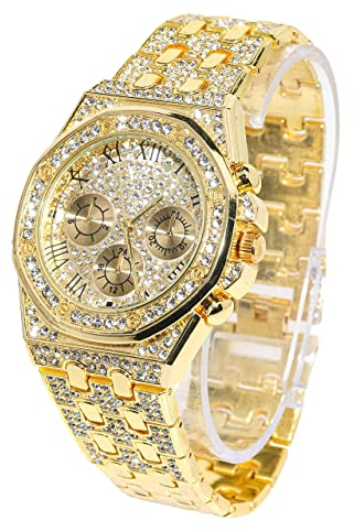 Halukakah Diamant Golduhr, Herren 18K Echt Vergoldet 40MM Breite Römische Zahlen Wählen Quarz Armband 22cm, mit Geschenkbox