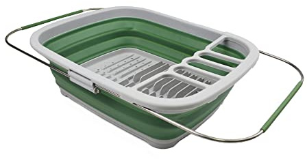 SAMMART 8L Plastik erweiterbarer und zusammenklappbarer Geschirrabtropfer – Faltbarer Wäscheständer – tragbarer Geschirr-Organizer – platzsparende Küchenablage (Grau/Dunkles Meergrün, 1)
