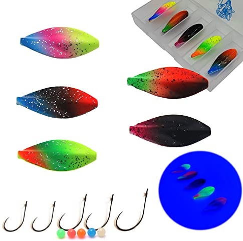 Njord Kalastus Inline Spoon Forelle Komplettset mit 5X Haken und 5X Perlen in Box 4g | UV Aktiv | Durchlaufblinker Forellenköder Inliner Spoon Inline Durchlauf Spoons