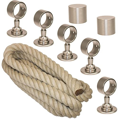 Handlaufseil Set 30mm - bestehend aus 2 Endkappen 5 Seilträger vernickelt und 5m Nature Touch Handlaufseil naturfarben