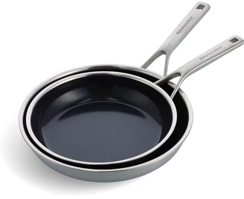 KitchenAid Multi-Ply Stainless Steel PFAS-Free Ceramic Non-Stick 24 cm and 28 cm Frying Pan Set, 3-Ply, Induction, Multi Clad, Silver