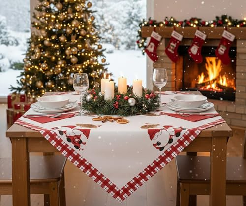 KAMACA Tischdecke Mitteldecke 85x85 cm Wichtel Weihnachtstischdecke mit Druckmotiv Merry Christmas Festliche Dekotischdecke Esstisch Küche Wohnraum robust Winter Weihnachten (Winter Wichtel)