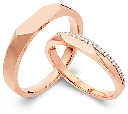 AMDXD 18K Rotgold 750 Ringe Diamant 0.08ct, 2 Stücke Eheringe Klassiker Design Solitärring Hochzeitsring Verlobungsring, Damen 57 & Herren 56, Echtes