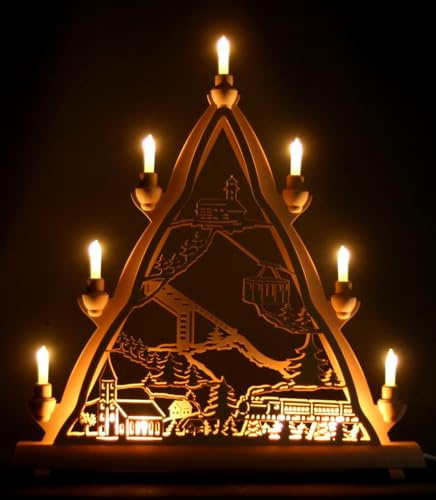 Schlick & Türk Schwibbogen Spitze Fichtelberg & Schwebebahn in Oberwiesenthal - 54cm, 7 Kerzen + Vorbeleuchtung - Feine Handarbeit aus dem Erzgebirge - Weihnachten erzgebirgischer Lichterbogen