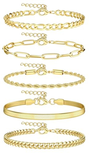 Dochais Bracciali a catena di 5-7 pz per donne,Bracciali di impilamento placcati in oro 18K,Bracciali a catena Twist Figaro Herringbone regolabili,Bracciali Charm Set Silver Gold