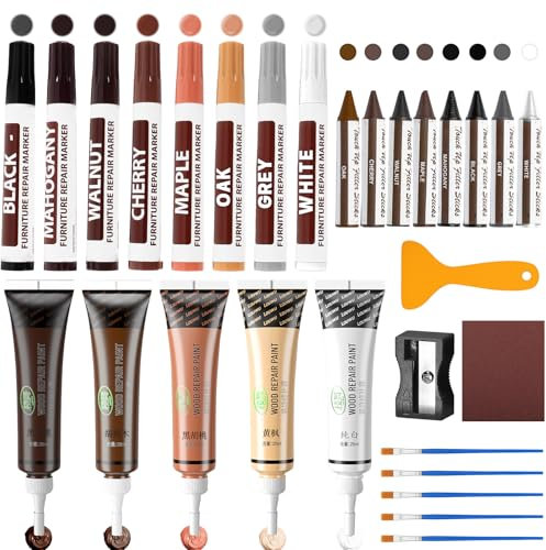 Sheryl&Rain Kit Riparazione Mobili in Legno, 29 Pezzi Kit di Riparazione per Legno, Pennarelli per Ritocchi-Ripristina Eventuali Graffi, Crepe, Fori per Pavimenti, Tavoli, Porte, Armadietti