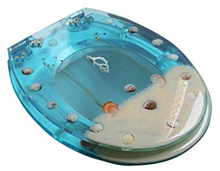 Toilettendeckel, langsam schließender Toilettensitz aus Kunstharz mit Bezug, Kunst-3D-Effekten, langlebiger Toilettendeckel mit Delfin-Seesternen, echten Muscheln und Sand für U-Typ-Toilett