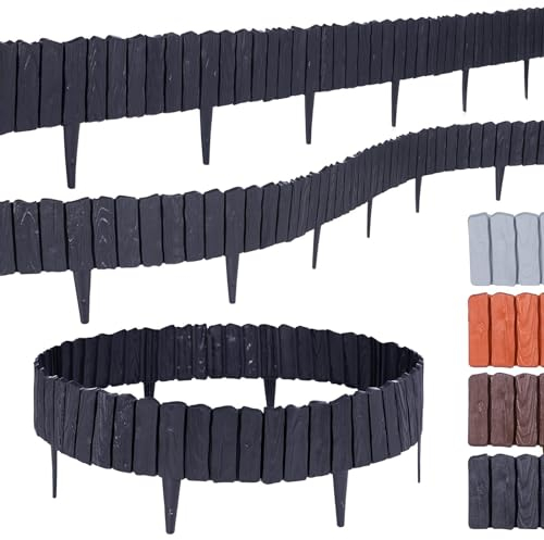 BooGardi Rasenkante Kunststoff Holzoptik 4 Farben 57cm x 12,5cm 5er/10er/20er Set · Anthrazit 20er Set · Flexible Beeteinfassung · Beetumrandung Garten · Mähkante Raseneinfassung