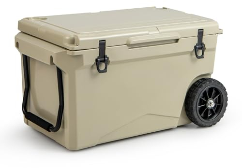 GYMAX Kühlbox 71L, tragbarer Kühlwagen mit Rädern, isolierter Kühler mit rutschfesten Fußpolstern, 2 Griffen & Ablaufloch, Thermobox, Kühlkiste für Camping, Reisen & Angeln(Khaki)