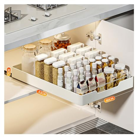 CJJZFO Ausziehbare Schublade Küche zum Kleben, 53x40x7cm | Teleskopschublade Küchenschrank Organizer Ausziehbar Kein Bohren und Nageln Erforderlich Es kann 15 kg wiegen