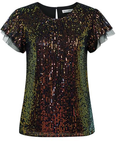 Bluse Kurzarm Oberteile Pailletten Ball Shirt Damen Shirt Bunt M