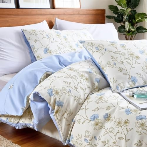 Nayoroom Bettwäsche 135x200 Baumwolle Weiß Blau Blumen Mädchen Bettbezug | Blumenmuster,Blümchen,Pflanzen,Blumenwiese,Aesthetic,Mädchen,ÖKO-TEX,Deckenbezug,Geblümt,Kissenbezug 80x80 cm,Reißverschluss