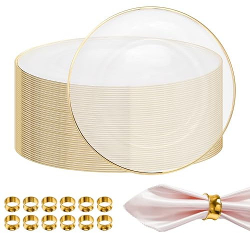 WedDecor 13 Inch Gold Trim Acrylic Charger Plates with Hammered Design Napkin Beaded Rings – Elegant Serveware for Weddings, Parties, and Table Decoration, Set of 50 | Presentation of Elegant Plates and Napkin Rings Set for Wedding, Thanksgiving , Dinner Party, Event and Table Decoration