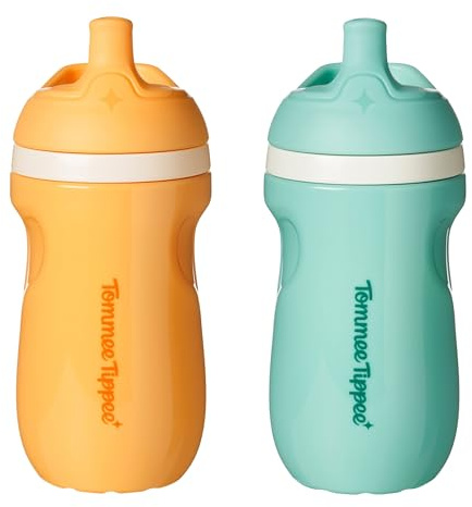 Tommee Tippee Insulated 9oz Sporty Spout Toddler Water Bottle, No Spill, Sippy Cups for Toddlers 1-3, Two-Piece Valve Helps Stop Spills, Light Blue & Orange, BPA Free, Pack of 2 | Pack of 2, 9oz, No Spill Two-Piece Valve, Light Blue & Orange, BPA Free