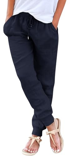 Yuson Girl Pantalon Femme Été en Lin Pantalon de Plage Fluide Large Taille Haute Elastique Décontractée Pantalon Solide Couleur Léger Fuselé Pantalon avec Poches(Marine, XL)
