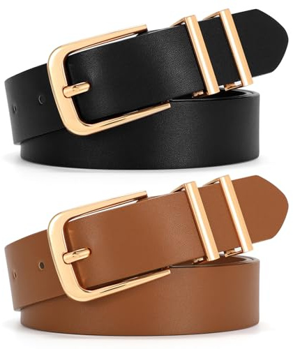 VONMELLI Damen Gürtel 2 Stück–Schmaler 2.5cm Ledergürtel mit Goldschnalle für Jeans Kleider & Business Outfit(Schwarz/Braun)