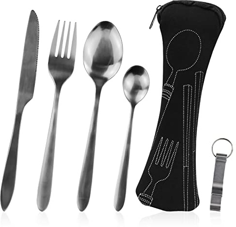 Juego de cubiertos portátiles de 5 piezas, cubiertos camping, porta cubiertos para llevar al trabajo, cubiertos de acero inoxidable con funda de neopreno, ideal viajes, oficina y camping (negro)