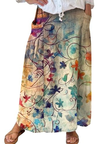 Damkjol linnekjol lång maxikjol bomull linne sommarkjol lätt fritidskjol vintage knälång elegant bohorock blommor A-linje strandkjol med fickor omlottkjol hög midja knälång, Kamouflage, M