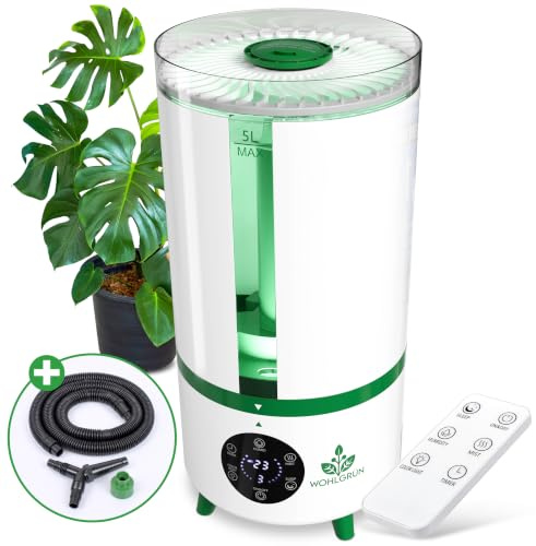 WOHLGRÜN Luftbefeuchter, Lufterfrischer Wohnung, SwapTop 360 Grad & Schlauch, Humidifier, für pflanzen, Growbox & Growzelt – automatischer Ultraschall-Vernebler mit Aromafach Hygrostat & Fernbedienung